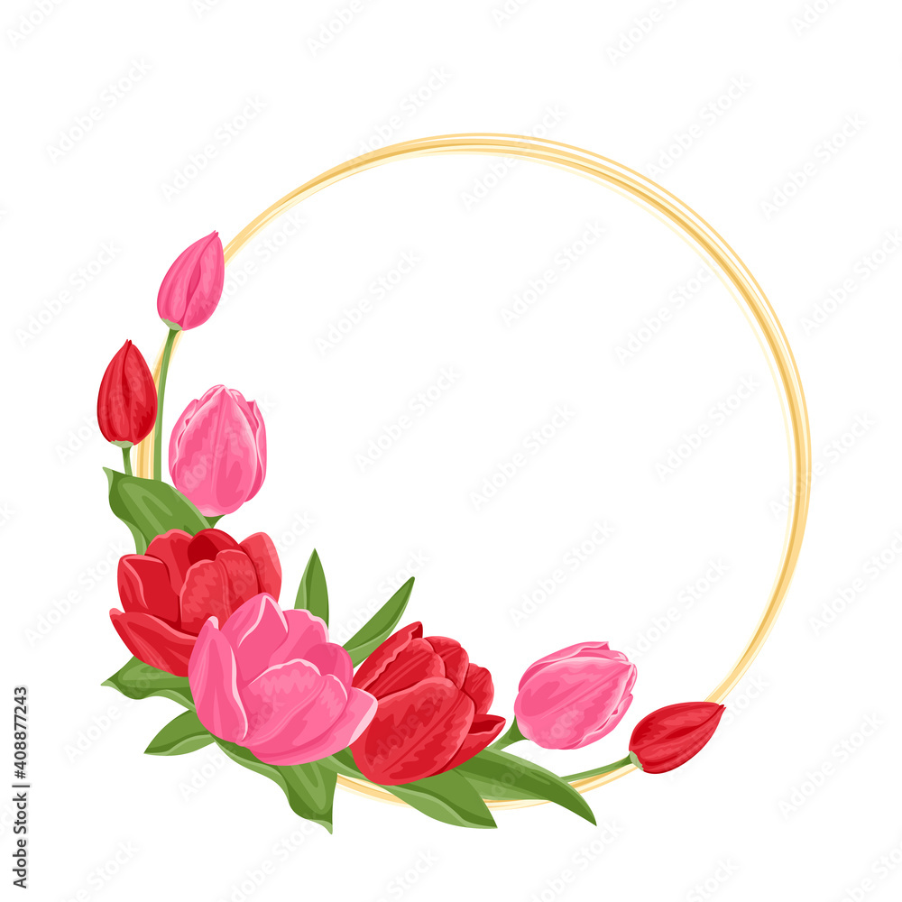 Gold frame with red and pink tulips, buds and green leaves. Template for greeting card with free space for text. Vector illustration of spring flower in cartoon flat style.