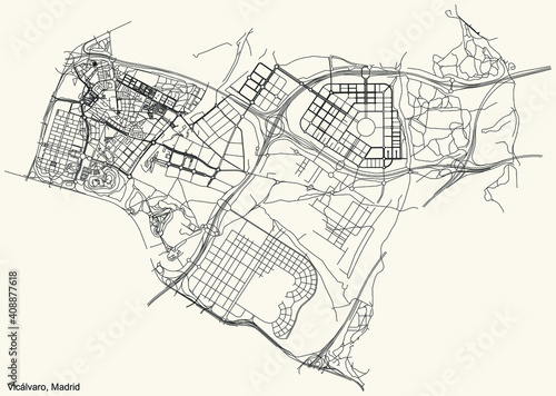 Black simple detailed street roads map on vintage beige background of the neighbourhood Vicálvaro district of Madrid, Spain