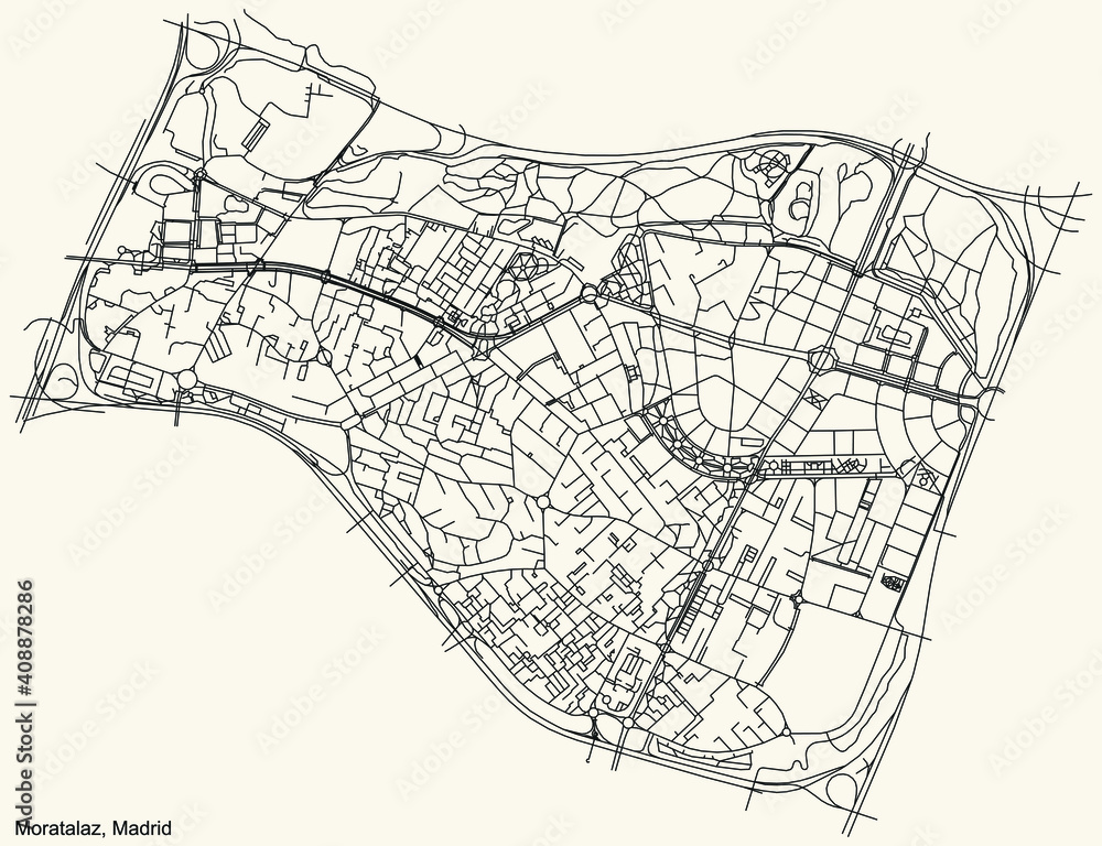 Black simple detailed street roads map on vintage beige background of the neighbourhood Moratalaz district of Madrid, Spain