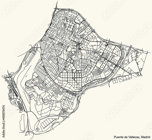 Black simple detailed street roads map on vintage beige background of the neighbourhood Puente de Vallecas district of Madrid, Spain