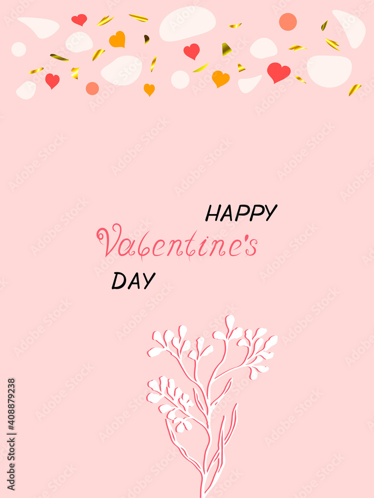 Valentines Day card. Background with Blooming grass, heart love concept. sketch with black lines, colored pastel spots and gold. Vector illustration isolated