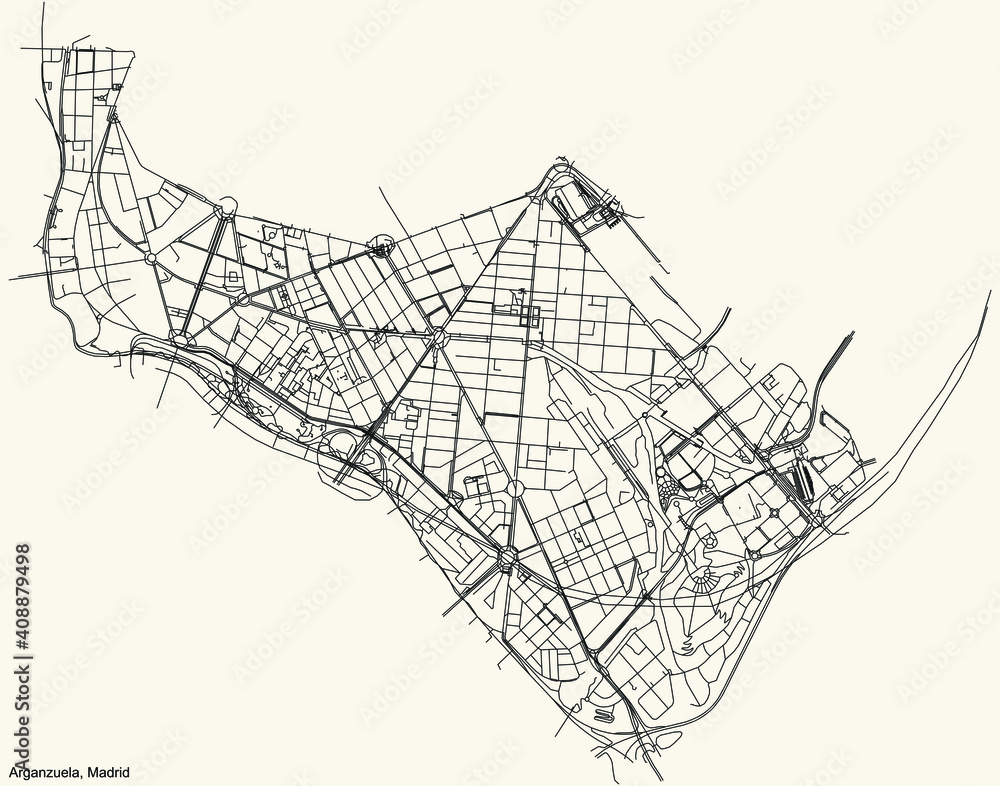 Black simple detailed street roads map on vintage beige background of the neighbourhood Arganzuela district of Madrid, Spain