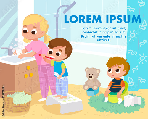 Children in bathroom doing everyday hygiene activities for kids,little boy cleaning the teeth, little girl washing hands with soap. Toddler sitting on potty and poop.