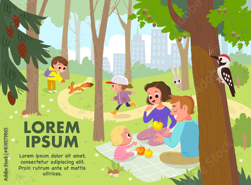 Vector. Family and children walking, spend time, having fun, together outdoors in park on green lawn,having picnic,sitting on blanket,having quality time together. Leisure activities,active recreation