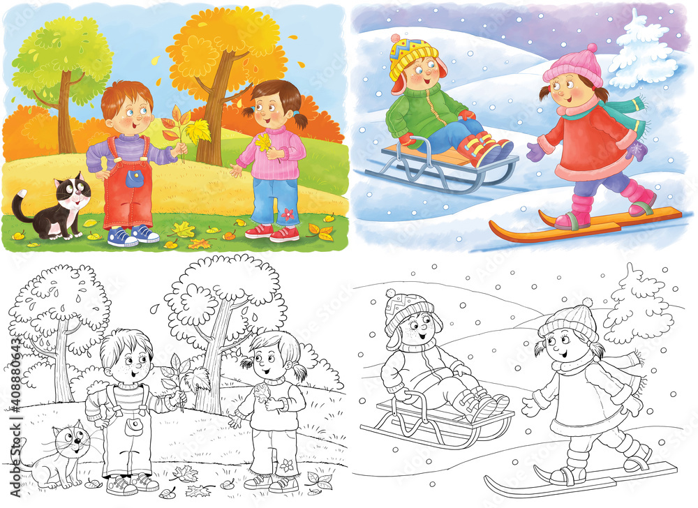 Two seasons. Autumn and winter. Cute boy and girl. Coloring page. Illustration for children. Cute and funny cartoon characters Two seasons. Autumn and winter. Cute boy and girl. Coloring page. Illustration for children. Cute and funny cartoon characters