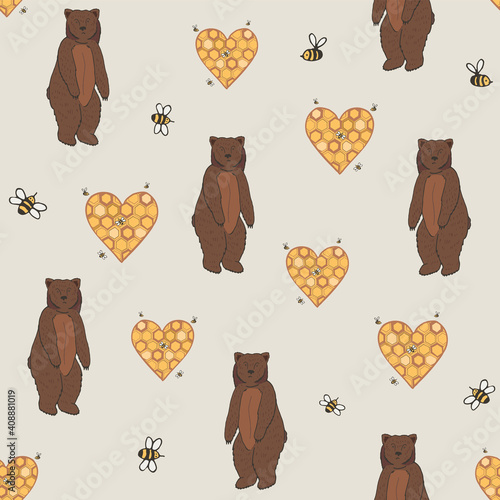 Honey love heart shape with bees and bears animals valentine's day vector seamless pattern photo