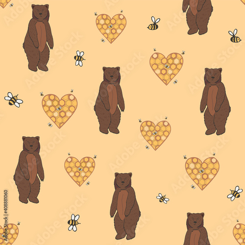 Honey love heart shape with bees and bears animals valentine's day vector seamless pattern photo