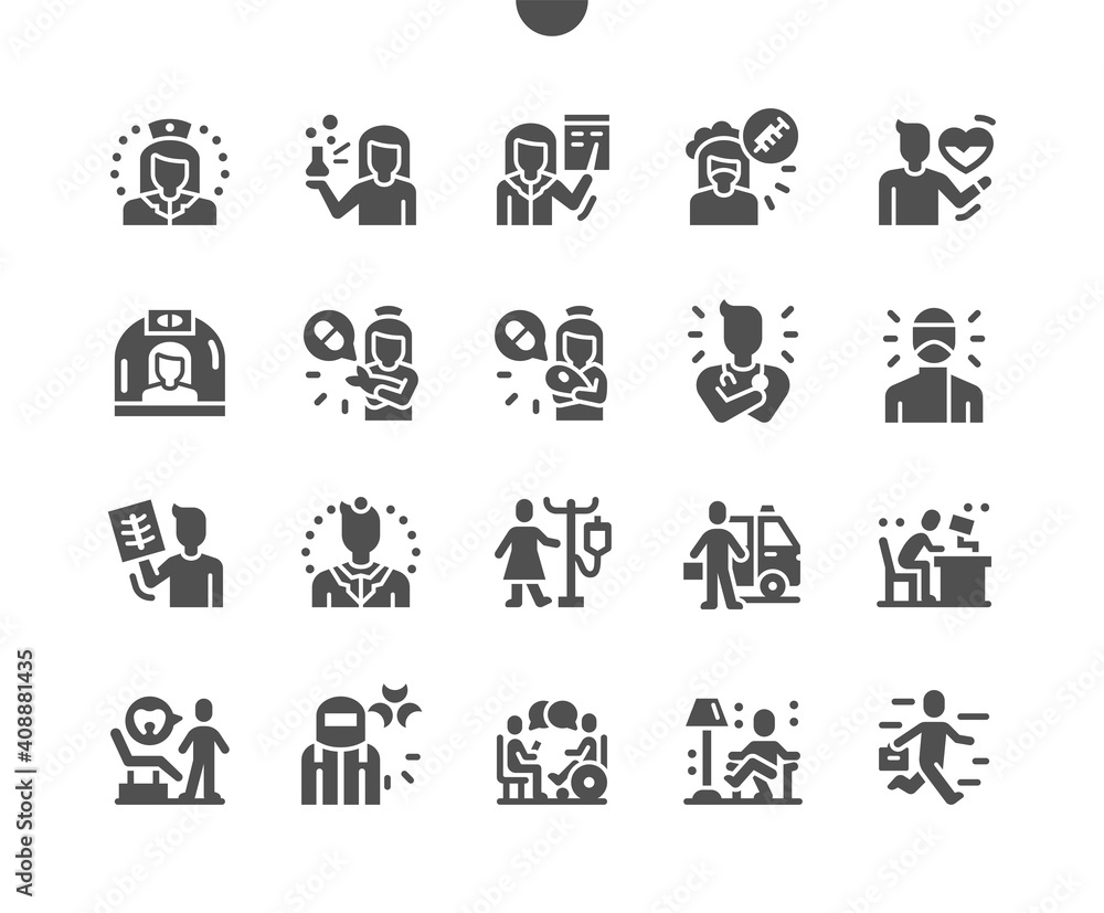 Health workers. Medical care. Ambulance worker. Emergency doctor. Anesthetist, cardiologist, allergist, surgeon, traumatologist and otolaryngologist. Vector Solid Icons. Simple Pictogram Health workers. Medical care. Ambulance worker. Emergency doctor. Anesthetist, cardiologist, allergist, surgeon, traumatologist and otolaryngologist. Vector Solid Icons. Simple Pictogram