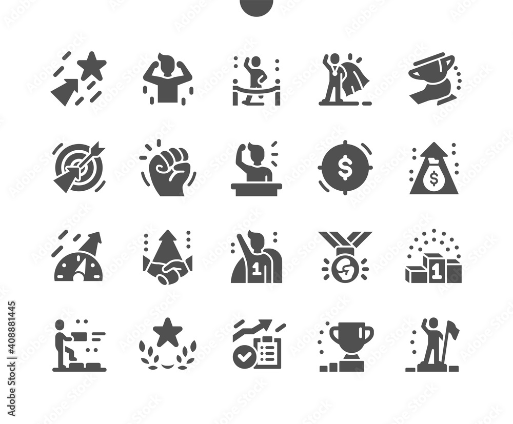 Motivation. Way to success. Winner, trophies, reward and target. Career growth. Achieve success. Business training. Revenue increase. Vector Solid Icons. Simple Pictogram - obrazy, fototapety, plakaty 