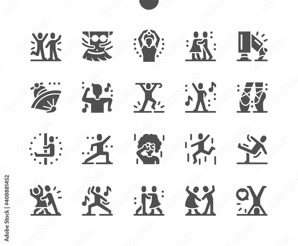 Dancing. Active time, leisure and entertainment. Couple of dancers. Party and celebration. Disco dance, ballet, brakedance, pylon dance. Vector Solid Icons. Simple Pictogram Dancing. Active time, leisure and entertainment. Couple of dancers. Party and celebration. Disco dance, ballet, brakedance, pylon dance. Vector Solid Icons. Simple Pictogram