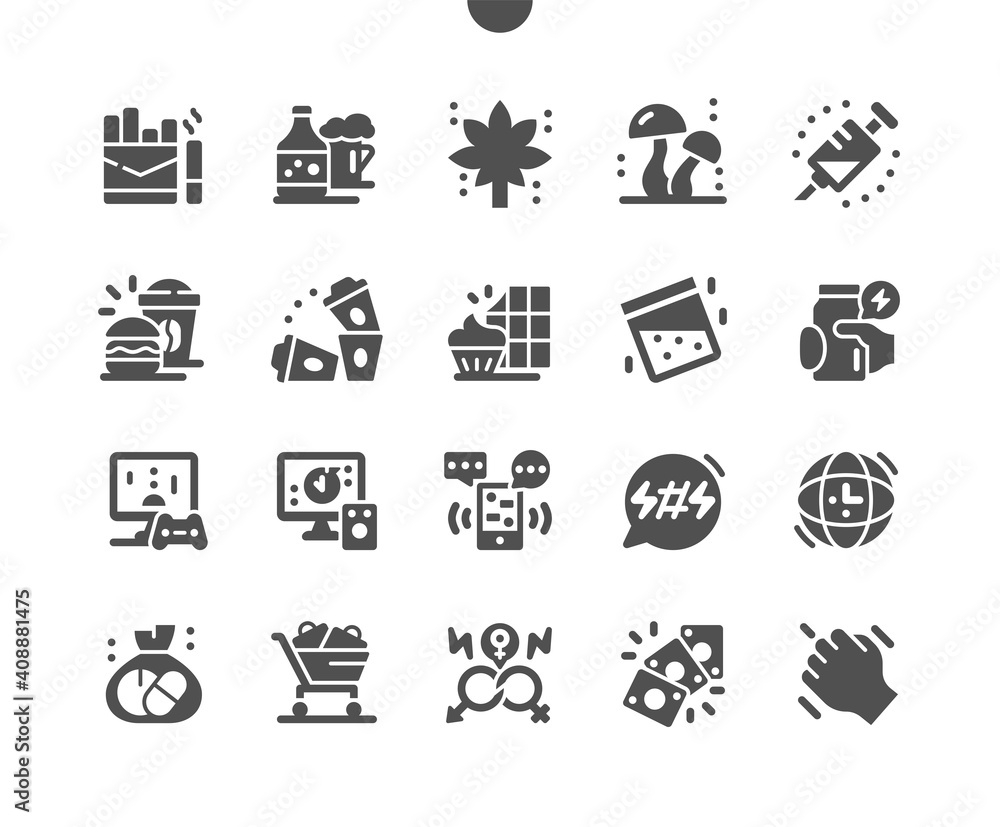 Naklejka premium Bad habits. Unhealthy lifestyle. Smoking, hallucinogenic mushrooms, alcohol and drugs. Promiscuous sexual relations. Games of chance. Vector Solid Icons. Simple Pictogram