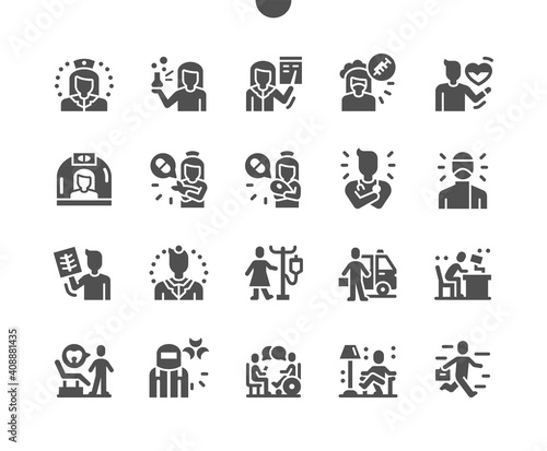 Health workers. Medical care. Ambulance worker. Emergency doctor. Anesthetist, cardiologist, allergist, surgeon, traumatologist and otolaryngologist. Vector Solid Icons. Simple Pictogram