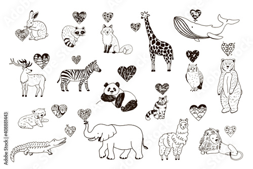 Animals of the world with Valentine's day hearts love vector illustrations set