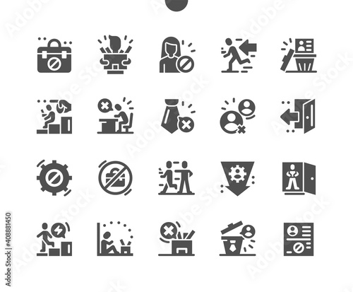 Dismissal. Employee dismissal. Removal from office. Job deprivation. Retirement. No work. Business problem. Vector Solid Icons. Simple Pictogram