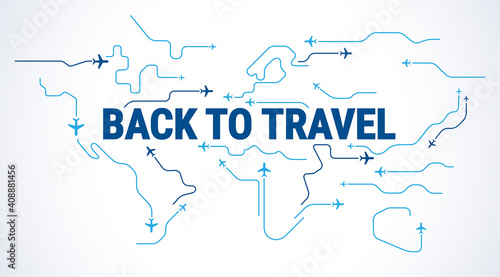 Airplane travel abstract background world map - Back to travel concept - Airplanes silhouettes fly in the sky over world - blue and white vector travelling illustration
