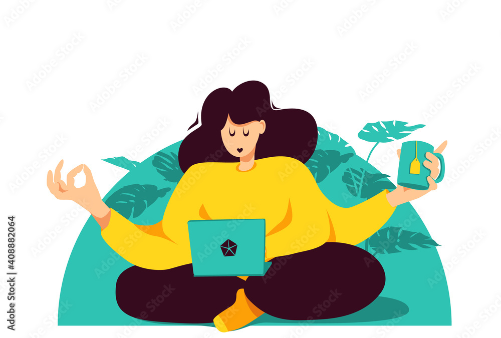 A multi-armed girl in a lotus position works at a laptop, meditates and drinks tea. The concept of multitasking, work and rest balance, harmony. A multi-armed girl in a lotus position works at a laptop, meditates and drinks tea. The concept of multitasking, work and rest balance, harmony.