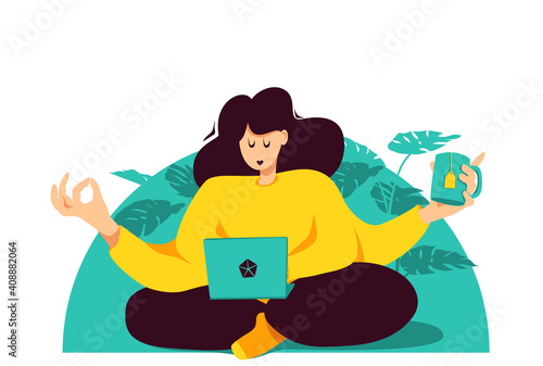 A multi-armed girl in a lotus position works at a laptop, meditates and drinks tea. The concept of multitasking, work and rest balance, harmony.