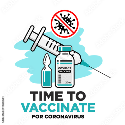 COVID-19 global vaccination concept. Medical syringe with needle, Vial and bottle with the drug, Stop coronavirus warning sign. Vector on transparent background