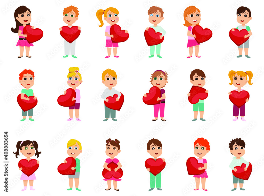 Funny kids characters with paper red hearts in hands collection. Cute little boys and girls holding red hearts. Little cartoon kids on Valentines Day. Vector Illustration Funny kids characters with paper red hearts in hands collection. Cute little boys and girls holding red hearts. Little cartoon kids on Valentines Day. Vector Illustration