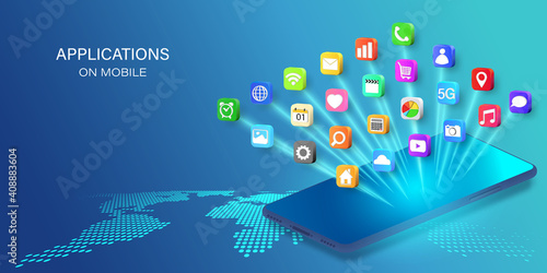 Fototapeta Naklejka Na Ścianę i Meble -  Application on Mobile, smartphone with application icons isolated on global network background as new technology and communication concept. vector illustration..