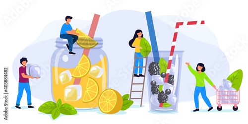 Refreshing drink with ice orange, blackberry and blueberry Summer vector illustration Hot season elements flat tiny persons concept Glass with straw, fruits, ice cubes in juice water