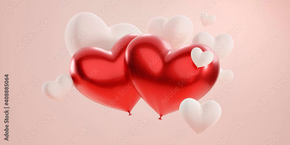 Two large red hearts among many light solid color hearts on a pink pastel background.