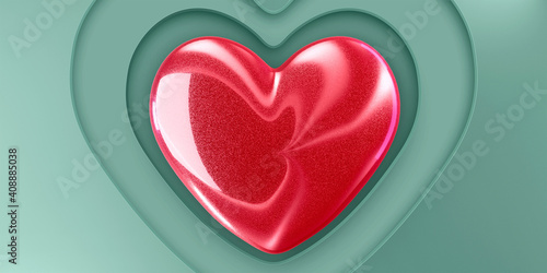 Stone glossy heart in red, on green paper with cut out hearts.