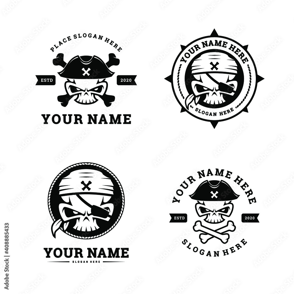 Set of Simple Skull Pirate Hat Bandana Bone Black and White Logo Designs Set of Simple Skull Pirate Hat Bandana Bone Black and White Logo Designs
