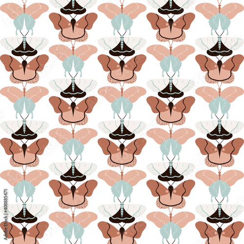 Hand drawn butterflies pattern in jade green, creamy white, peach nougat and soften brown colors. Can be used for T-shirt prints, posters, decorations, covers, fabrics, wrapping, banners and flyers.