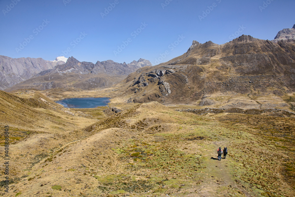 Trekking towards Laguna Carnicero on the Cordillera Huayhuash circuit, Ancash, Peru