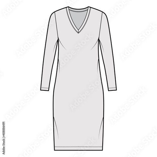 T-shirt dress technical fashion illustration with V-neck, long sleeves, knee length, oversized body, Pencil fullness. Flat apparel template front, grey color. Women, men, unisex CAD mockup