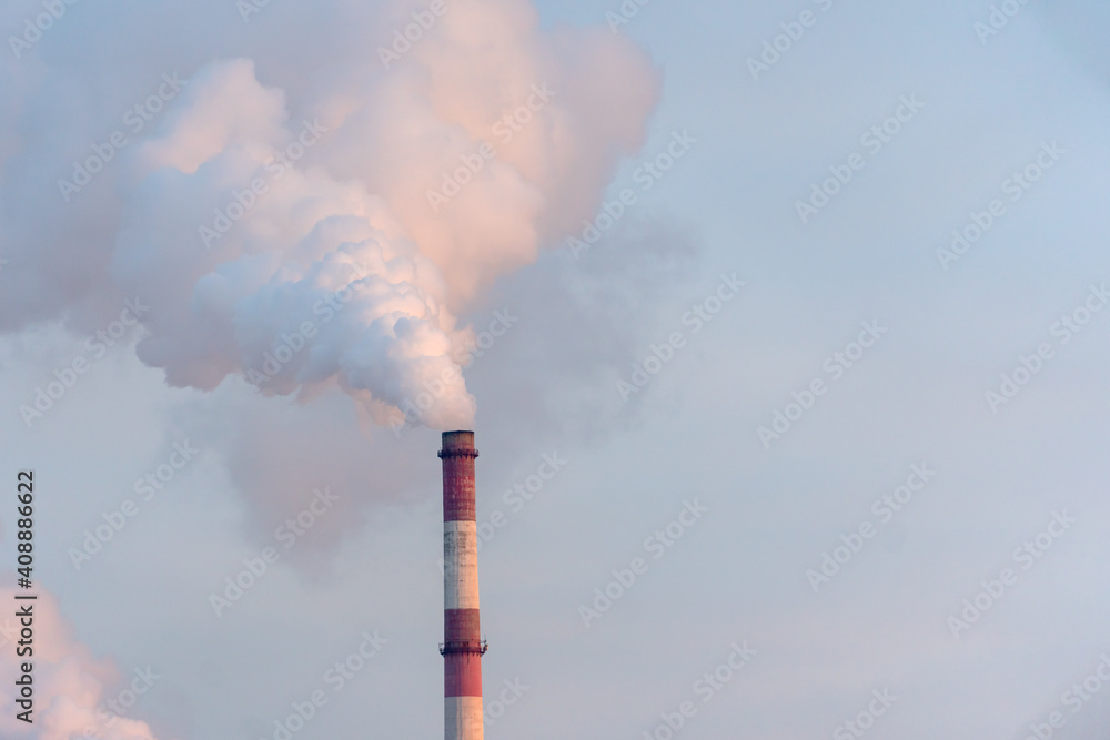 Industrial factory pollution, smokestack exhaust gases. Industry zone, thick smoke. Climate change and global warming