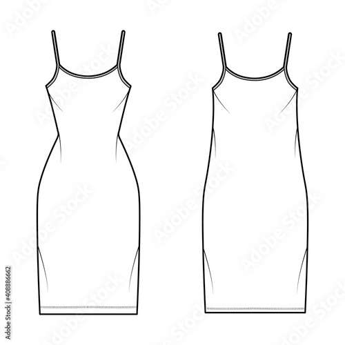 Camisole dress technical fashion illustration with scoop neck, straps, knee length, oversized, fitted body, Pencil fullness. Flat apparel template front, white color. Women, men, unisex CAD mockup