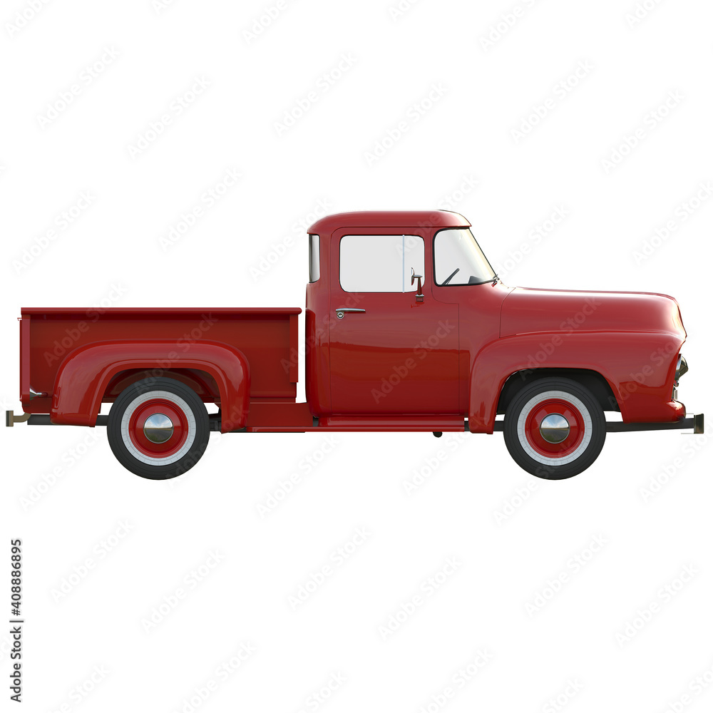 Red pickup truck on isolated background. Side view. 3rd render.