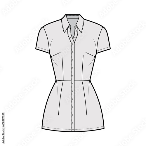 Shirt dress technical fashion illustration with classic regular collar, mini length, fitted body, Pencil fullness, button up. Flat apparel template front, grey color. Women, men, unisex CAD mockup