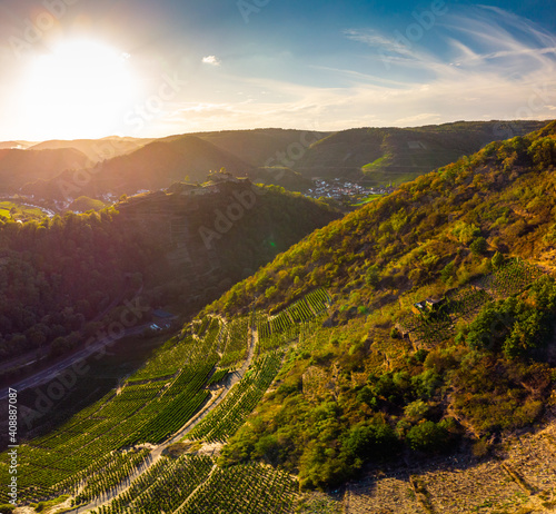 Sunset over the vineyards in the Ahr Valley, aerial view
