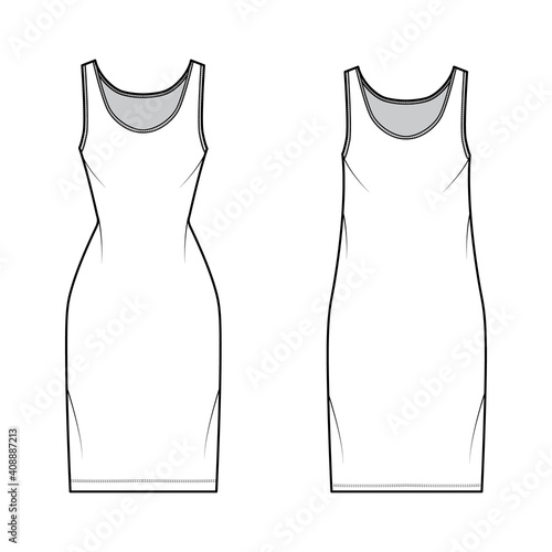 Tank dress technical fashion illustration with scoop neck, straps, knee length, oversized, fitted body, Pencil fullness. Flat apparel template front, white color. Women, men, unisex CAD mockup