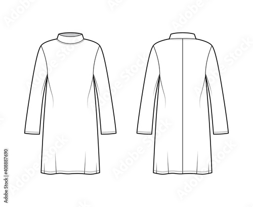 Tunic sweater technical fashion illustration with stand-away collar, long sleeves, oversized, knee length. Flat modest shirt apparel top template front, back, white color. Women men unisex CAD mockup