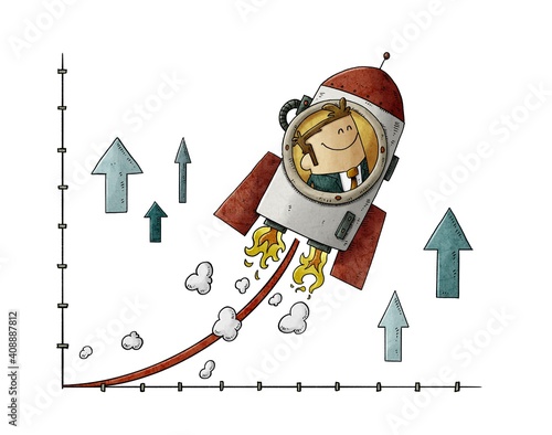 growth concept showing a businessman inside a rocket going up on a graph. iso...