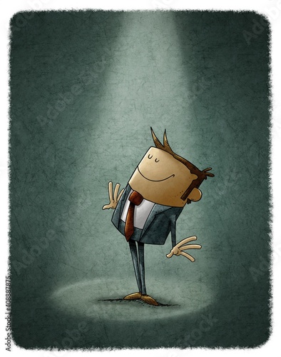 businessman is in successful pose as a spotlight illuminates him from above