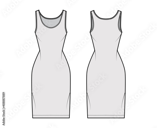 Tank dress technical fashion illustration with scoop neck, straps, knee length, fitted body, Pencil fullness. Flat apparel template front, back, grey color. Women, men, unisex CAD mockup