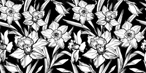 Closeup black and white daffodil seamless pattern drawn by hand on black background. Ink freehand floral ornate blow up vector. Perfect for textile, fabric, bedding, wallpaper.