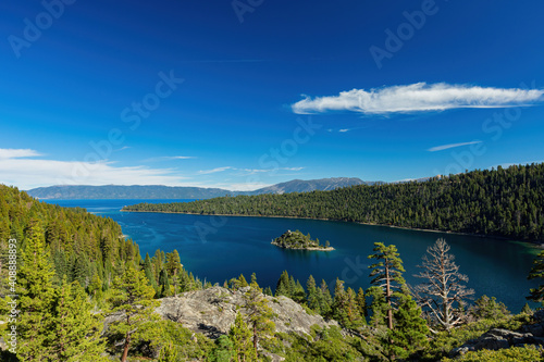 Sunny view of the Lake Tahoe, Emerald Bay and Fannette Island