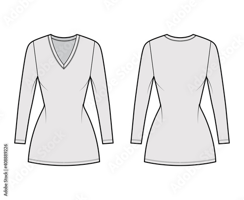 T-shirt dress technical fashion illustration with V-neck, long sleeves, mini length, fitted body, Pencil fullness. Flat apparel template front, back, grey color. Women, men, unisex CAD mockup