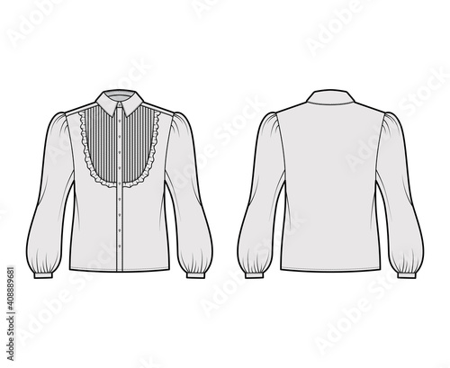 Blouse tuxedo technical fashion illustration with long bouffant sleeves, classic collar, pintucked bib, oversized. Flat apparel shirt top template front, back, grey color. Women men unisex CAD mockup