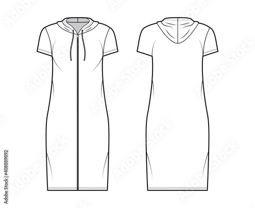 Hoodie zip-up dress technical fashion illustration with short sleeves, knee length, oversized body, Pencil fullness. Flat apparel template front, back, white color. Women, men, unisex CAD mockup