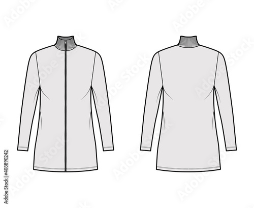 Turtleneck zip-up dress technical fashion illustration with long sleeves, mini length, oversized body, Pencil fullness. Flat apparel template front, back, grey color. Women, men, unisex CAD mockup