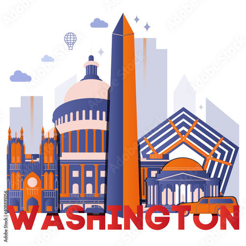 Washington culture travel night set, famous architectures and specialties in flat design. Business travel and tourism concept clipart. Image for presentation, banner, website, flyer, roadmap, icons