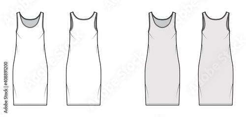 Tank dress technical fashion illustration with scoop neck, straps, knee length, oversized body, Pencil fullness. Flat apparel template front, back, white, grey color. Women, men, unisex CAD mockup