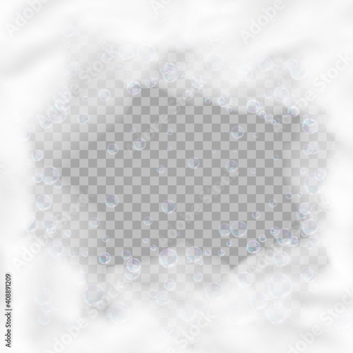 Bath foam square frame with bubbles isolated on transparent background. Realistic soap lather texture. Vector illustration of shampoo, gel or mousse suds overlay effect